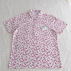 Leon Levin Women's Short Sleeved Polo Golf Sports Shirt, Pink Cherry Pattern, M